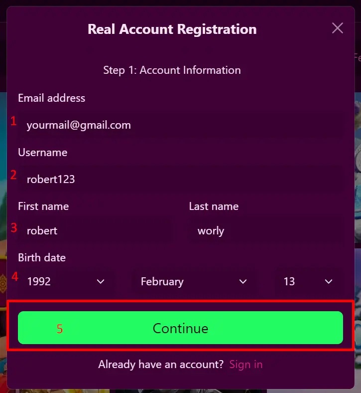 Registration Step 1 - Account Information